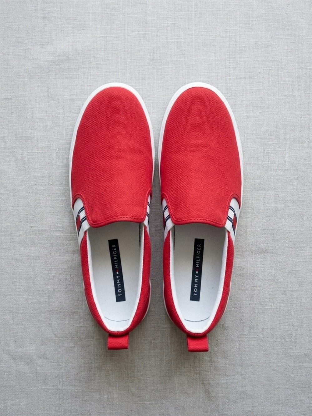 Tommy Hilfiger Red Slip-On Canvas Sneakers with Flag Stripe